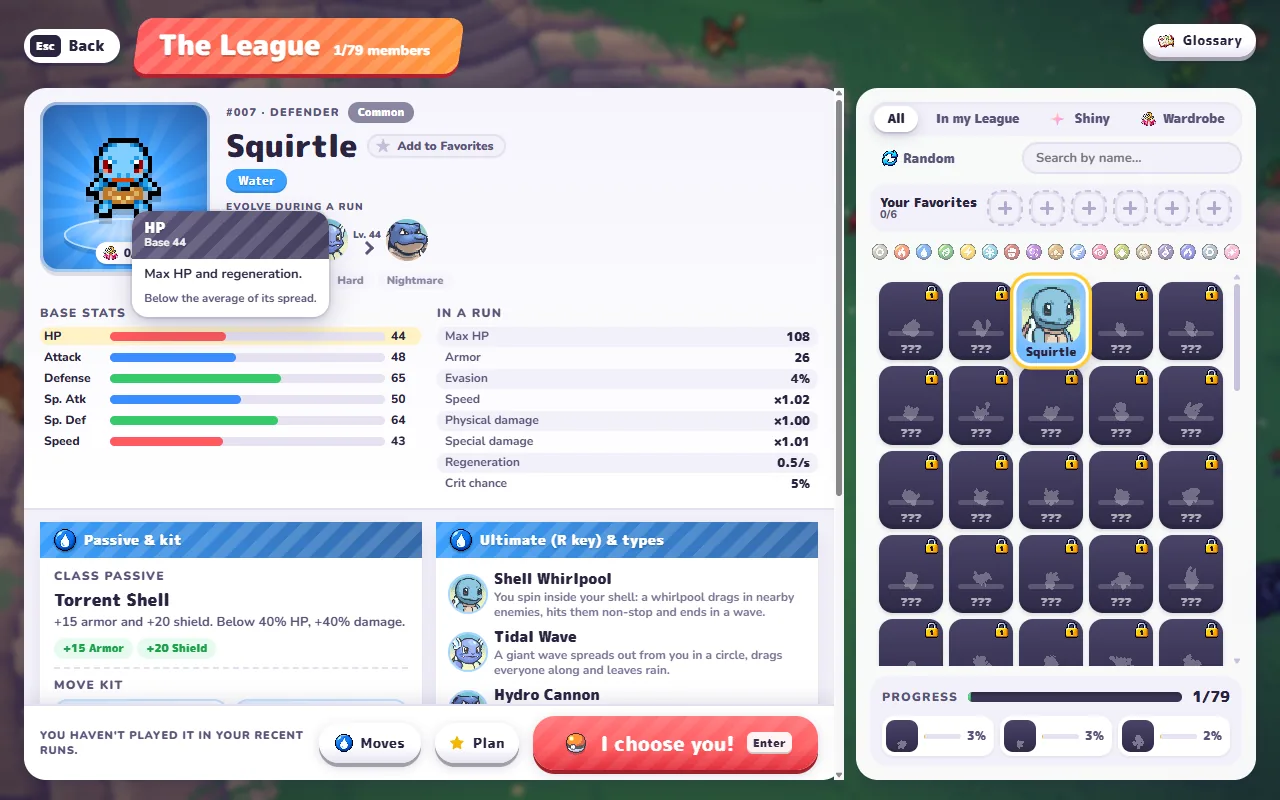 Squirtle's League card in PokeBonk showing base stats, in-run stats, the Torrent Shell passive and the three ultimate stages