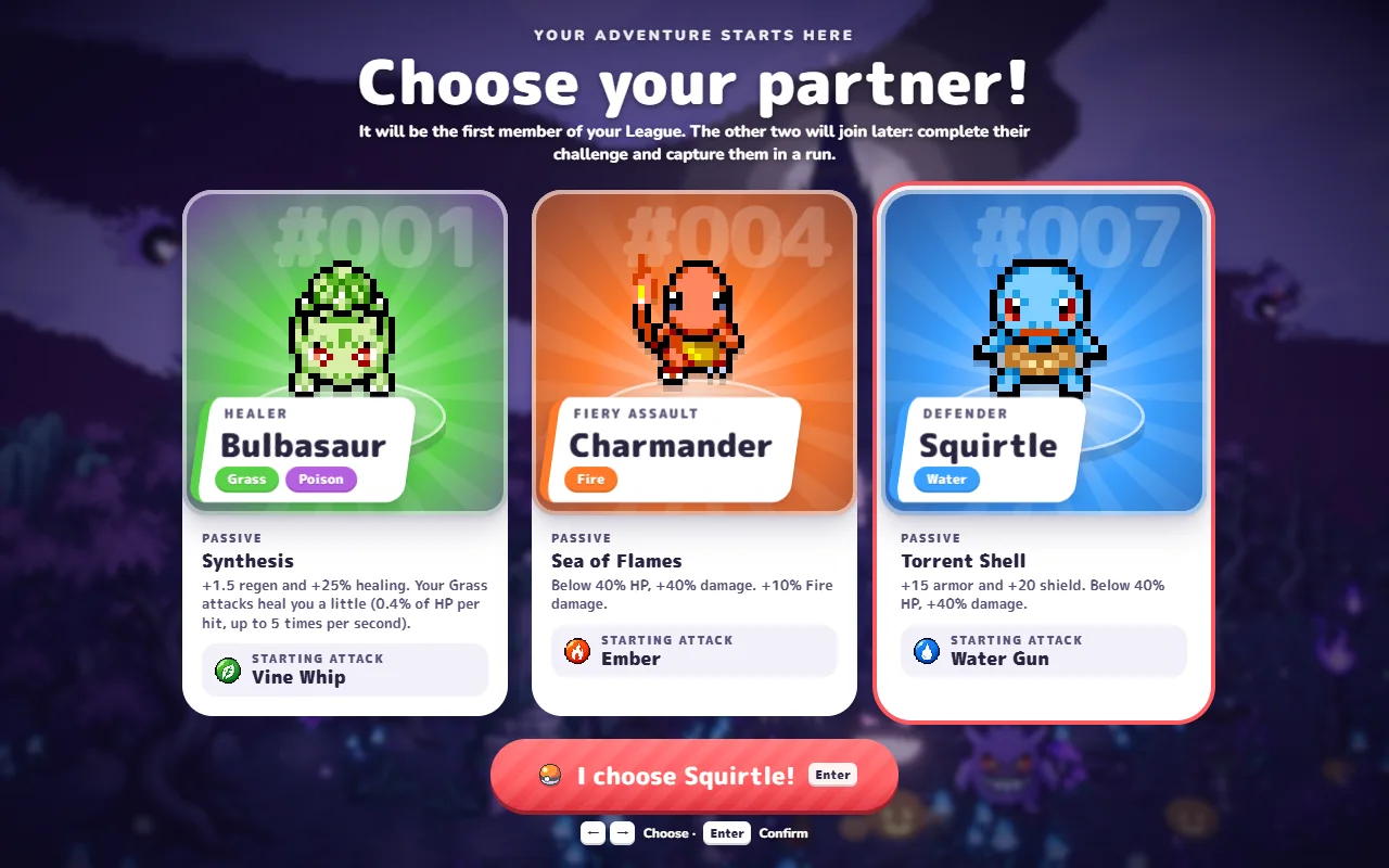 Partner select screen in PokeBonk showing the Bulbasaur, Charmander and Squirtle cards with their passives and starting attacks